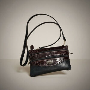 Brighton One Size Black Brown Croc Embossed Leather Crossbody Bag